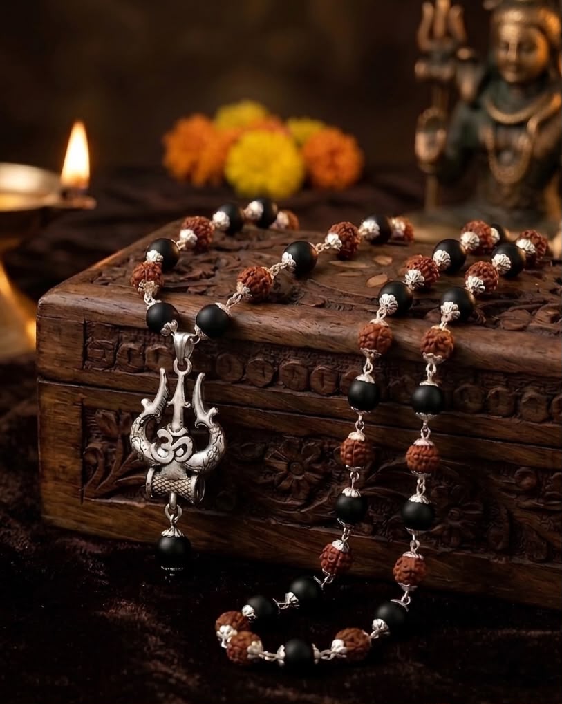 Silver Rudraksha Karungali Mala with Trishul Pendant | Lab-Certified | Divine Protection & Free Karungali Bracelet