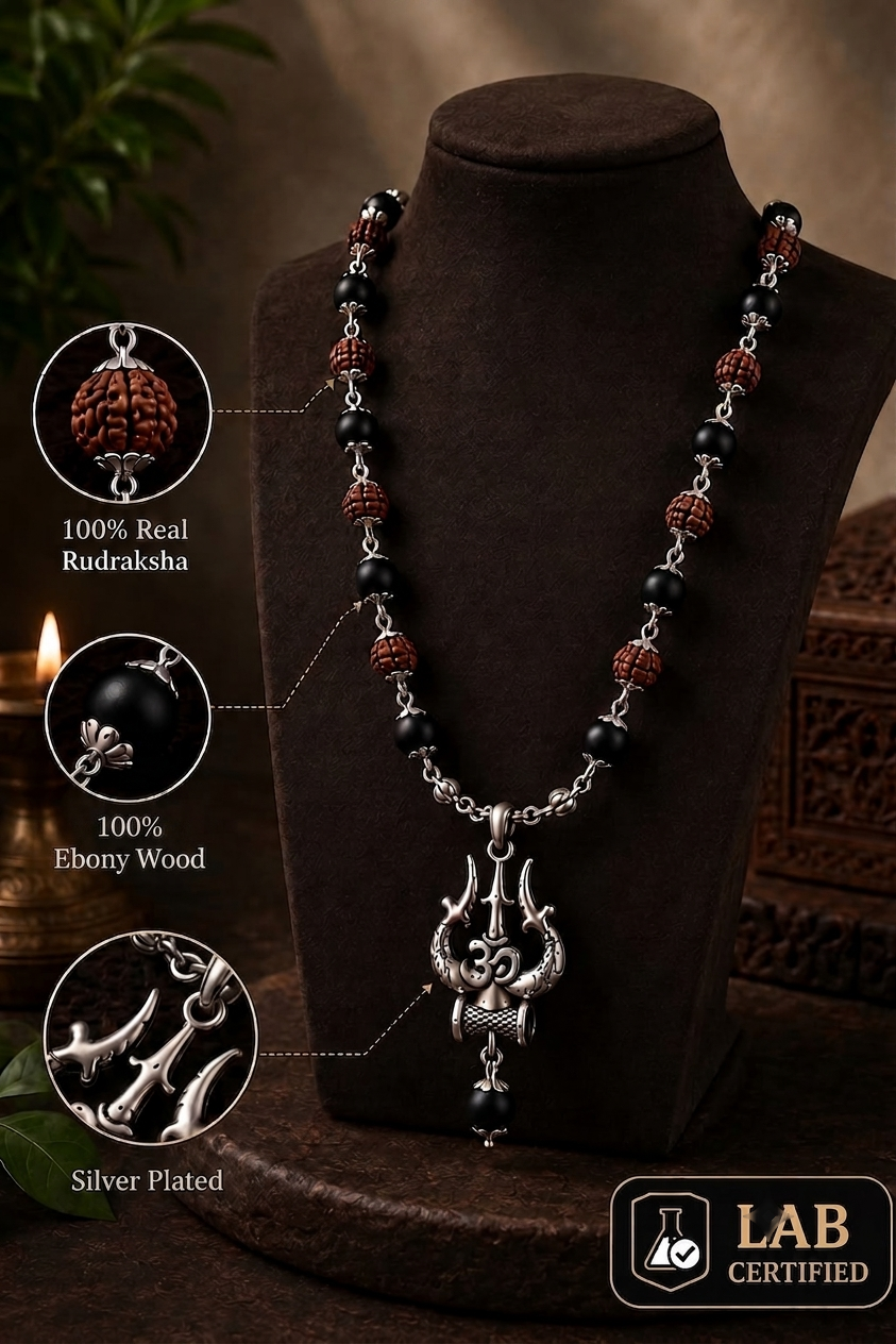 Silver Rudraksha Karungali Mala with Trishul Pendant | Lab-Certified | Divine Protection & Free Karungali Bracelet